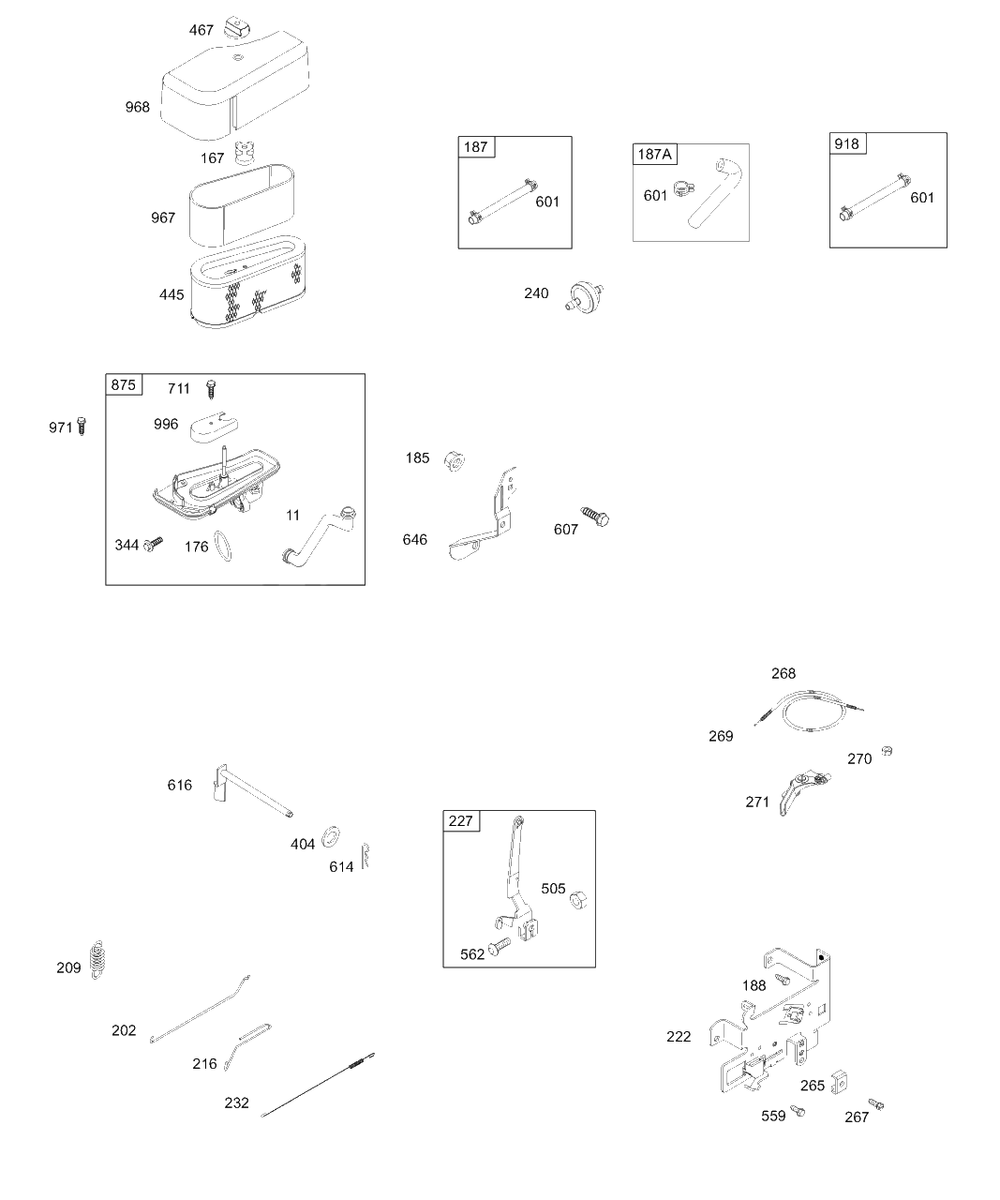 Air Cleaner, Fuel Lines, Controls, Springs, Links Diagram and Parts List for 28W707-0122-XX  Briggs and Stratton Engine